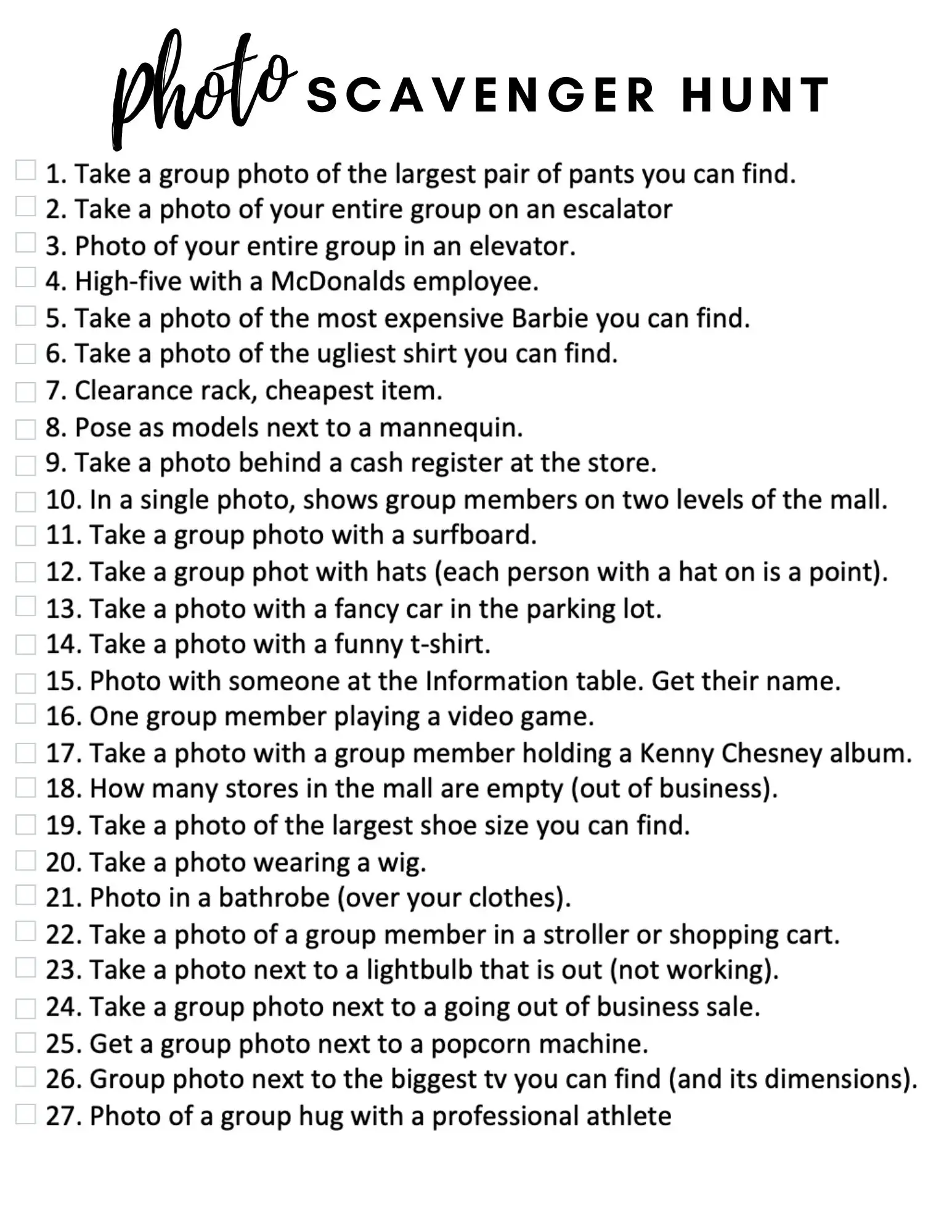 45 Fun Ideas For A Mall Scavenger Hunt Printable PDF